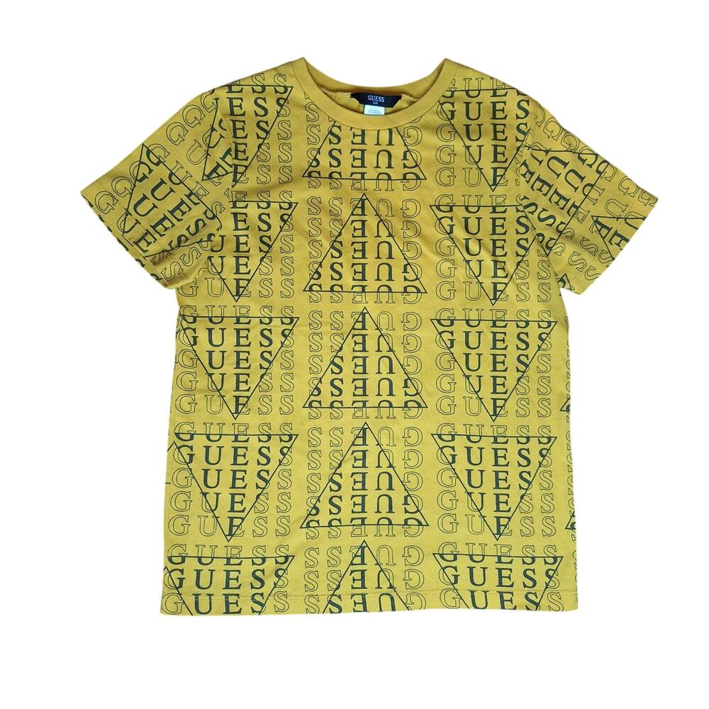GUESS Kids Boys AOP Logo T-Shirt Medium 12/14 Yellow Black All Over Print Tee